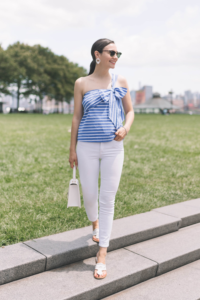 One Shoulder Blue Striped Bow Top