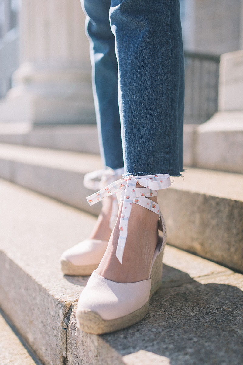 New Jersey blogger Carly Heitlinger is wearing Gal Meets Glam x Margaux blush espadrilles 