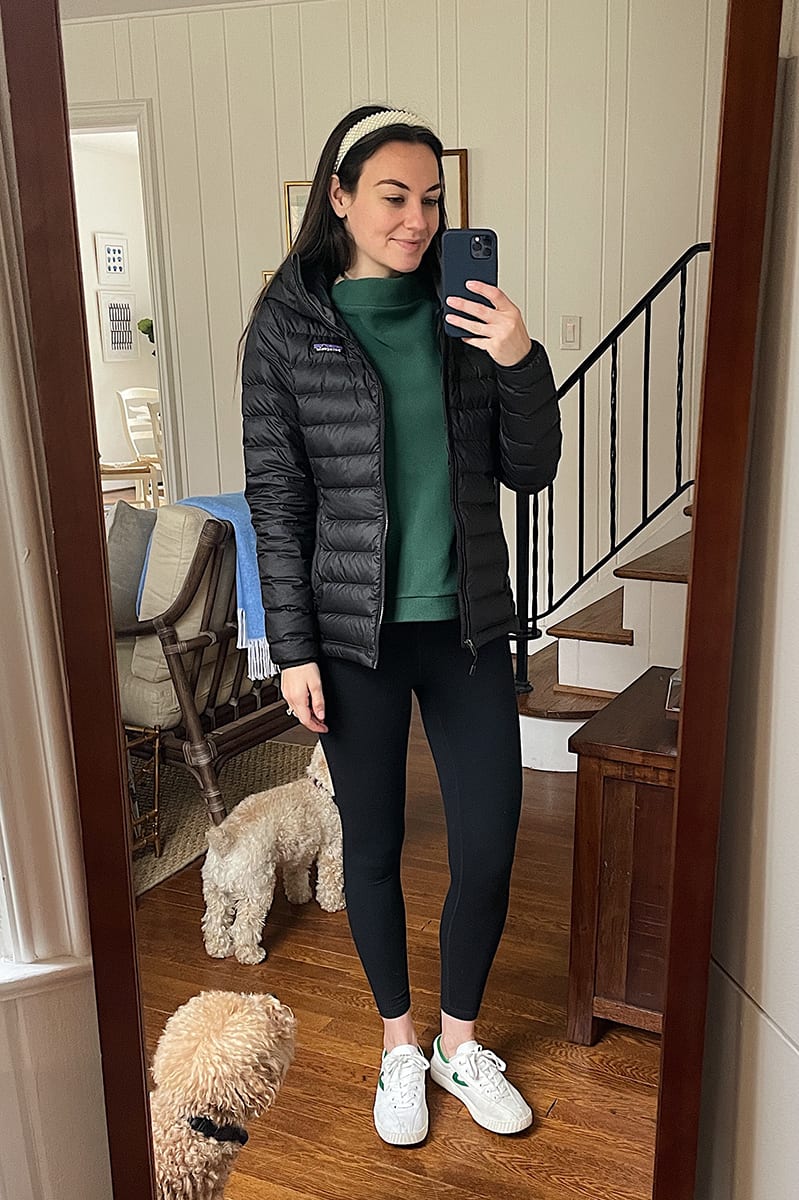 warm puffer jacket outfit idea