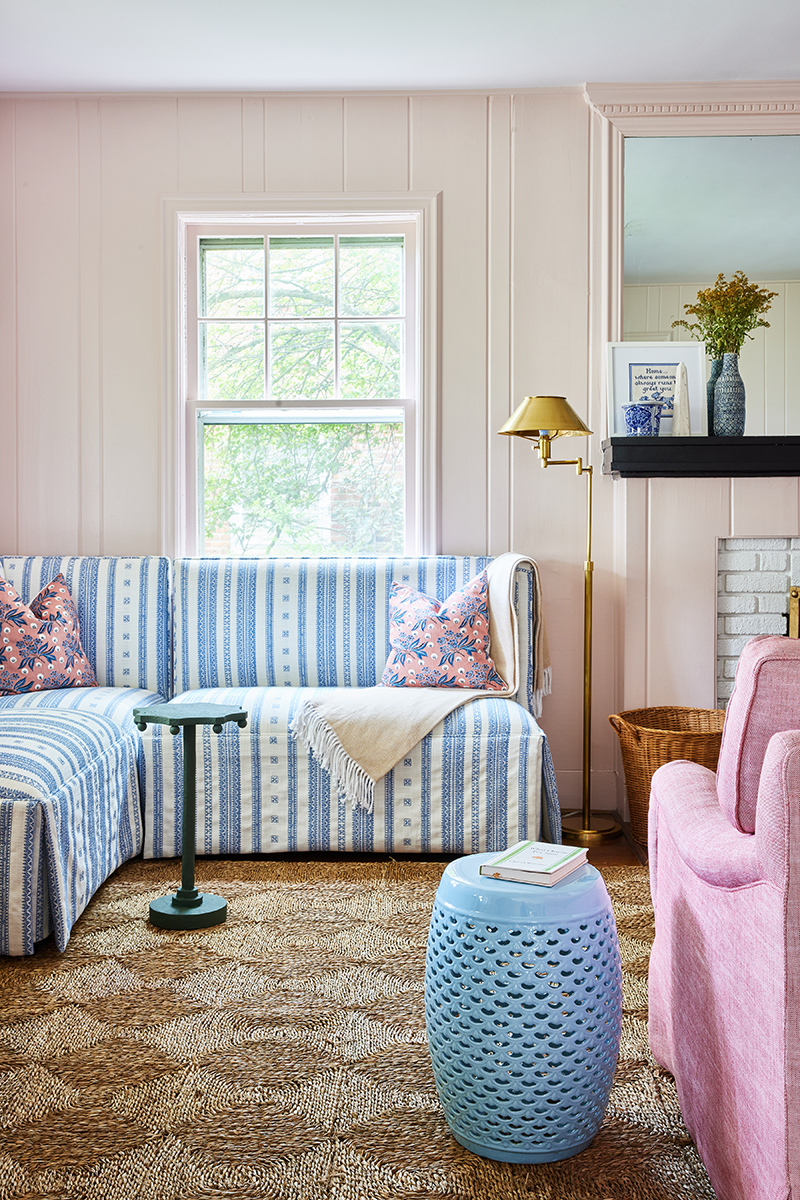 grandmillennial style living room for carly riordan by jennifer muirhead interiors featuring calamine by farrow and ball, henriette in terracotta pillows, and rush house original rug