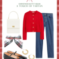 Christmas outfit ideas including J.Crew Emilie Patch-Pocket Sweater Lady Jacket, Neely & Chloe 19 The Mini Lady Bag, Gap High Rise Cheeky Straight Jeans, J.Crew Anya Mary Jane Flats, and Madewell Chunky Small Hoop Earrings