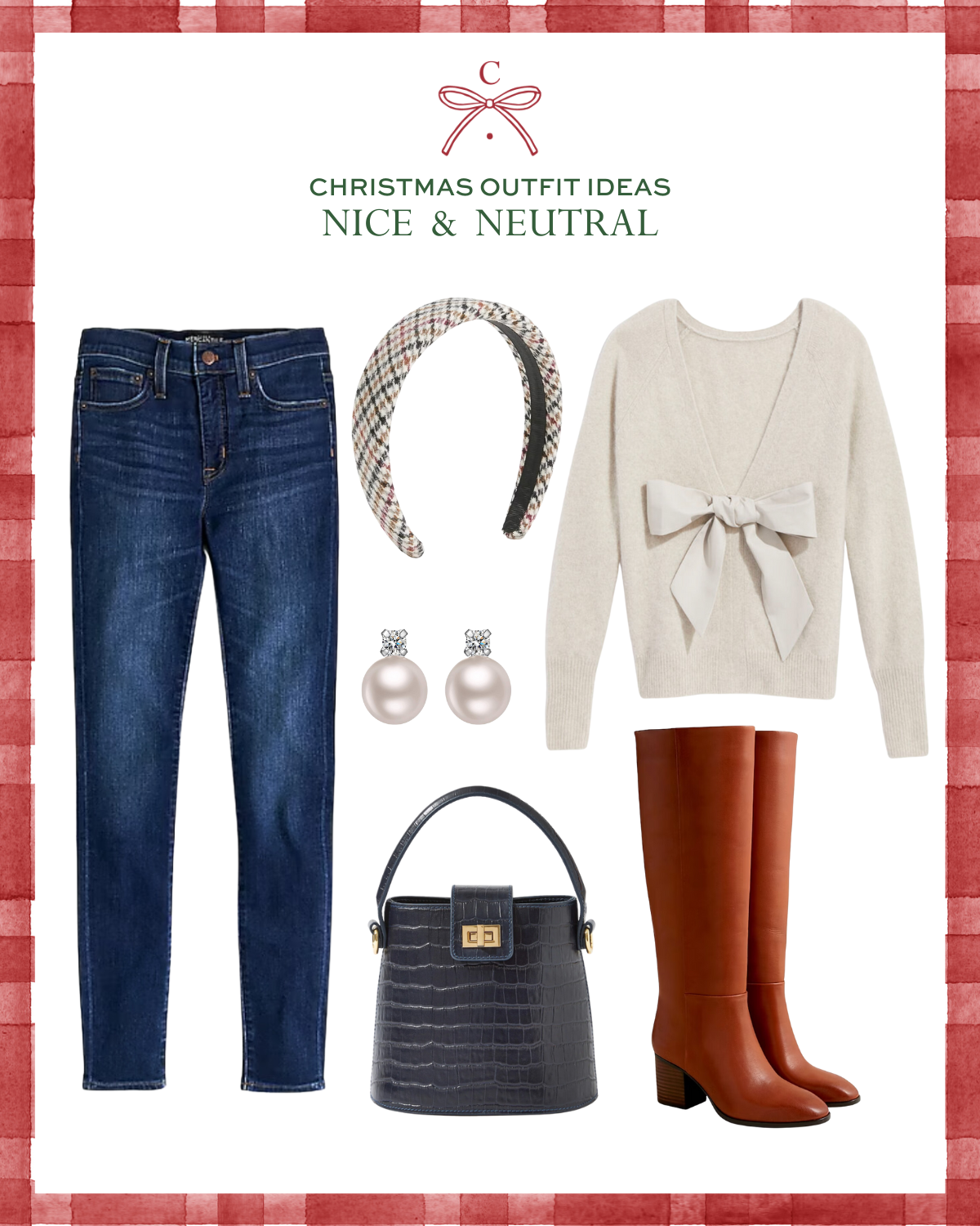 Christmas outfit ideas including Vineyard Vines Luxe Bow Back Sweater, J.Crew Factory 9" Mid-Rise Skinny Jean, Neely & Chloe Structured Bucket Bag, J.Crew Sadie Knee-High Boots, and J.Crew Factory Plaid Puff Headband