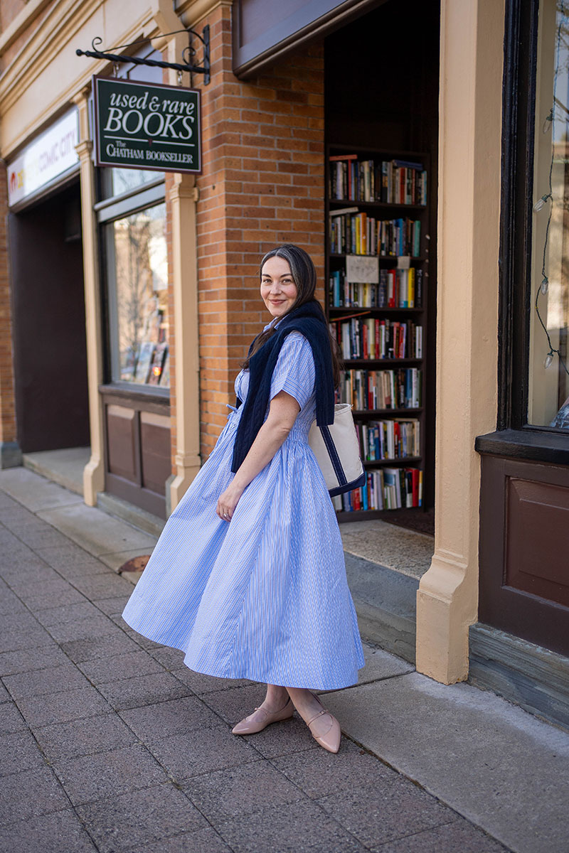 j.crew elena shirtdress review in striped medium blue cotton poplin, margaux mary janes in rose patent, j.crew navy cable knit sweater, l.l.bean navy medium boat and tote with open top and long handles