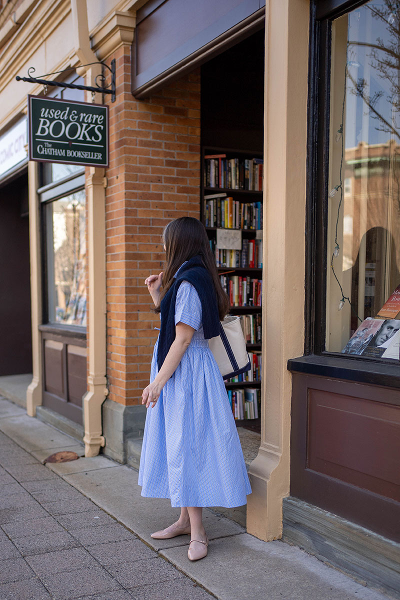 j.crew elena shirtdress review in striped medium blue cotton poplin, margaux mary janes in rose patent, j.crew navy cable knit sweater, l.l.bean navy medium boat and tote with open top and long handles