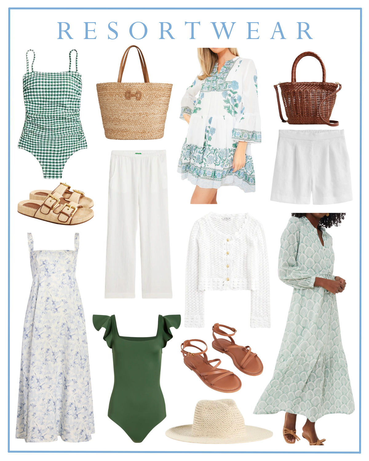 resortwear 2024 for vacation outfits including green one piece swimsuits, linen pants nad shorts, woven bags, and more